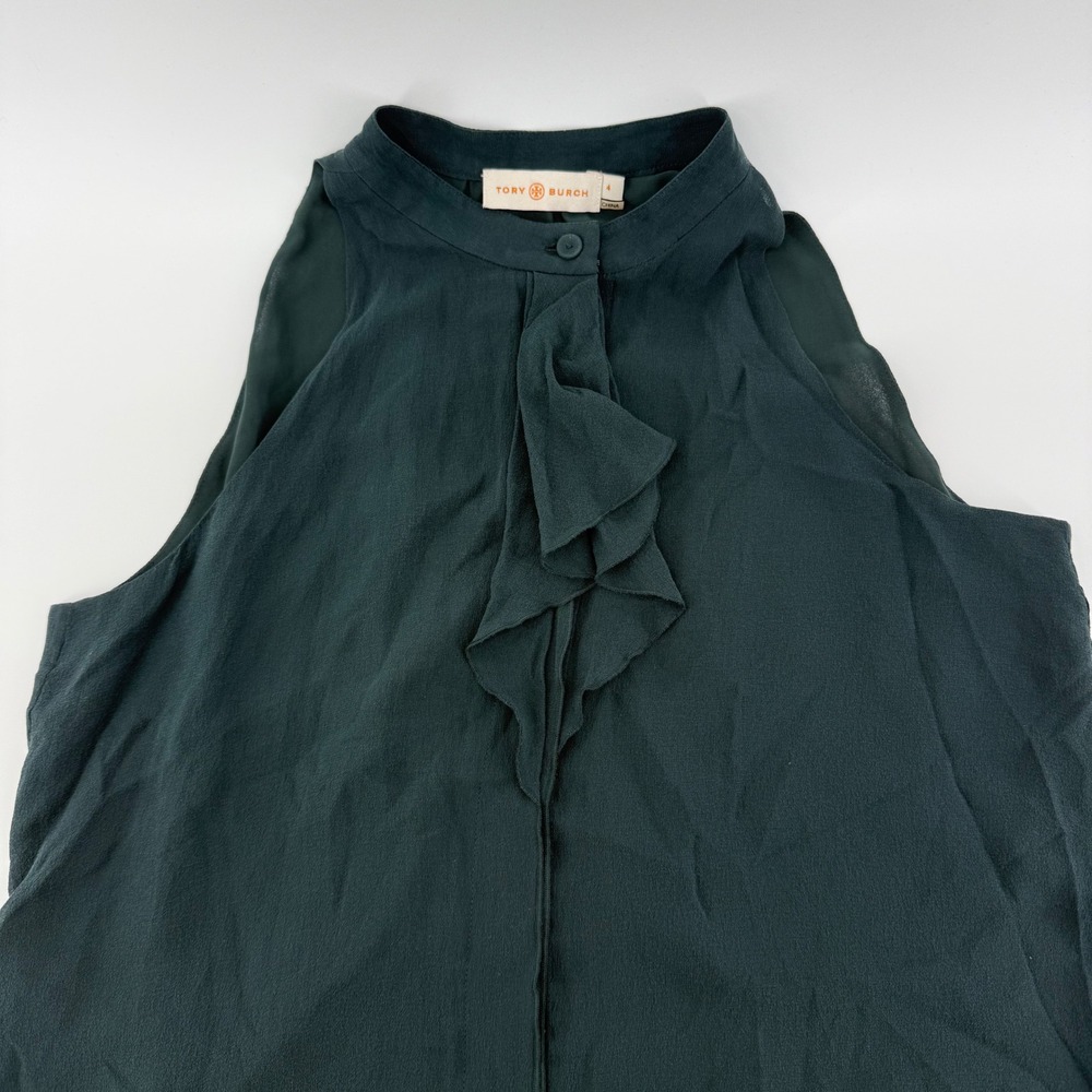 Tory Burch Forest Green Silk Ruffle Mock Neck Sleeveless Blouse 31151102 Size 4